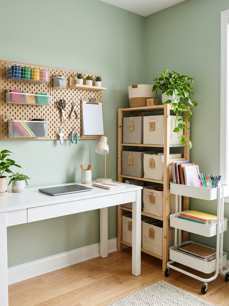 Spare room storage with painted pegboard wall and labeled bins