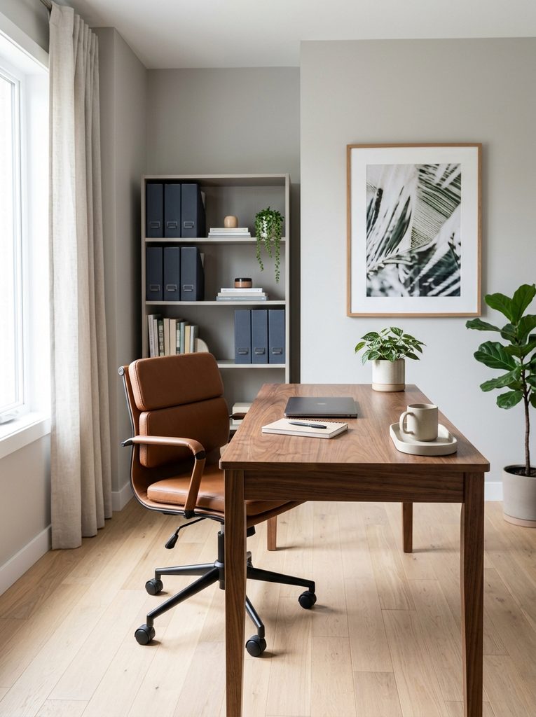 Professional business work space with walnut desk and framed art