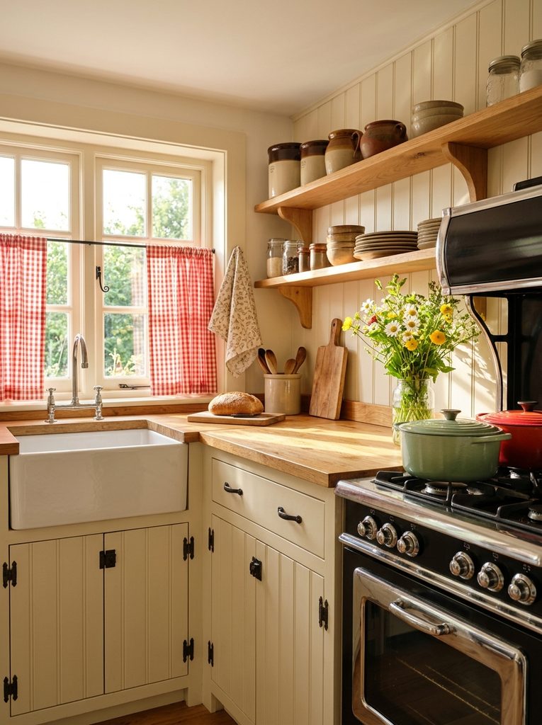 Rustic cottage small kitchen with beadboard cabinets and gingham curtains