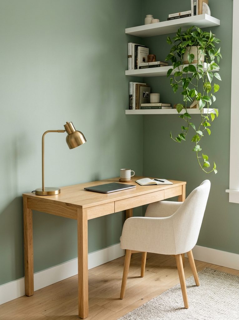 Green small office with sage walls and trailing plant