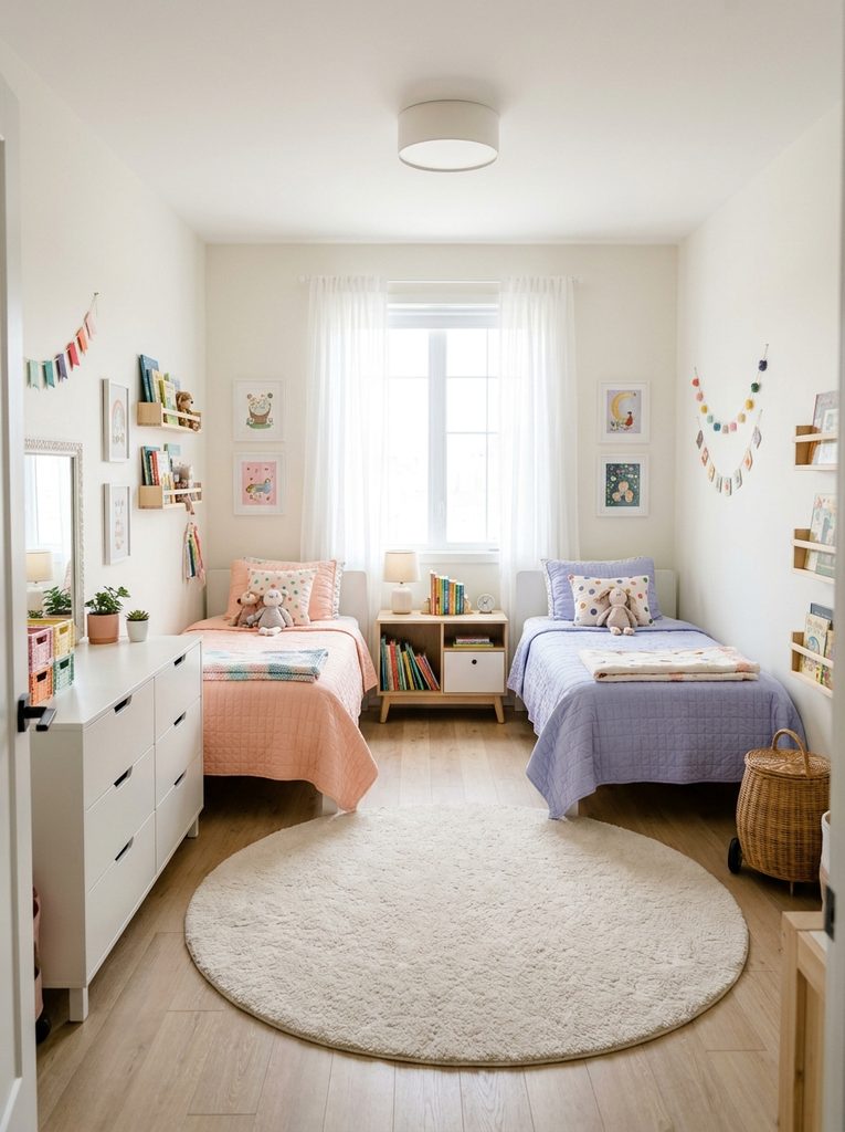 Shared bedroom for two sisters with twin beds and matching quilts
