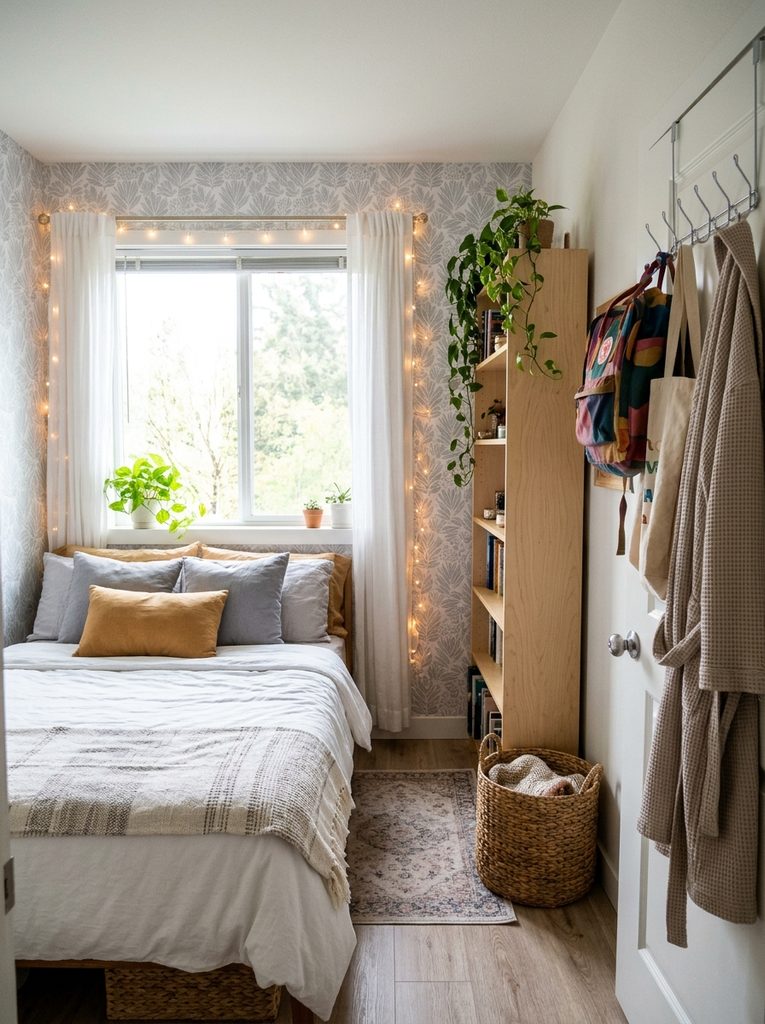 Small apartment bedroom with bed under window and over door hooks