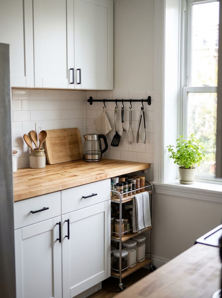 Small apartment kitchen with butcher block counter and wall rail