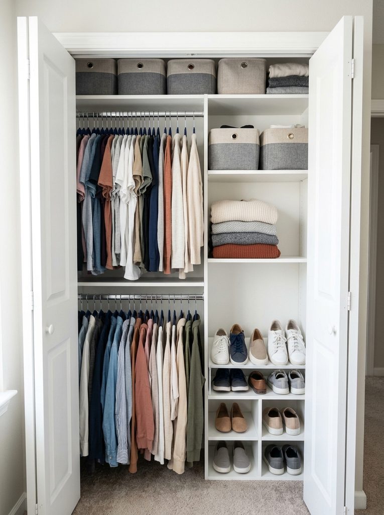 Small bedroom closet with double hanging rods and fabric baskets