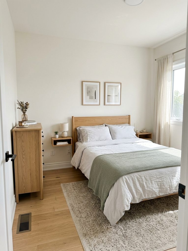 Couples layout for a small bedroom with centered bed and slim dresser