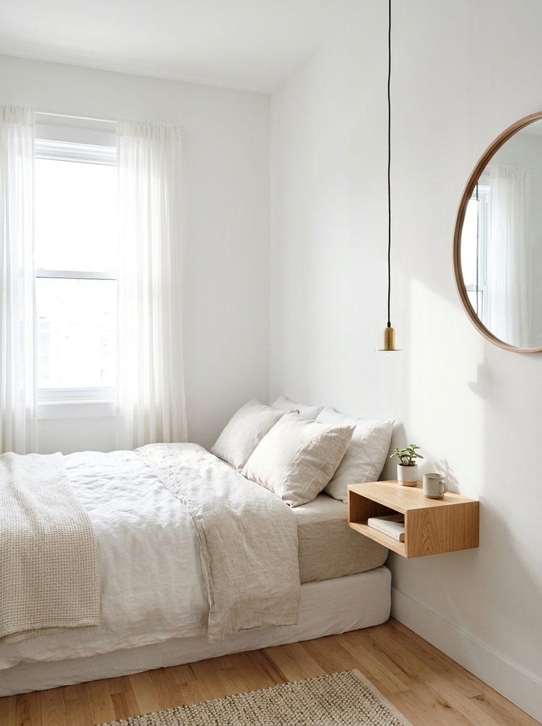 Very small bedroom with floating wood nightstand beside a low bed