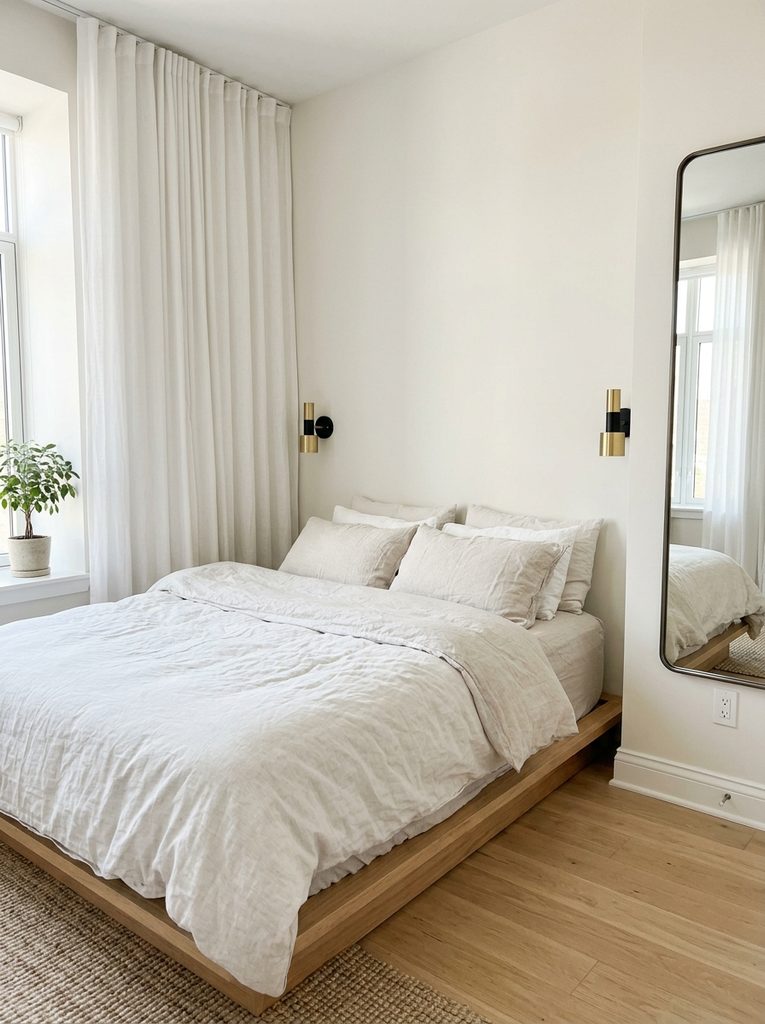 King size bed in a small bedroom with wall sconces