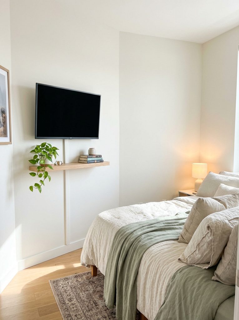 Small bedroom with wall mounted TV and cable cover