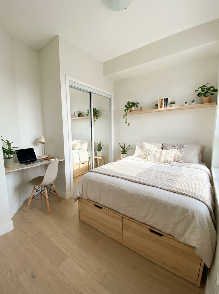 Queen bed with under bed storage drawers in a small bedroom