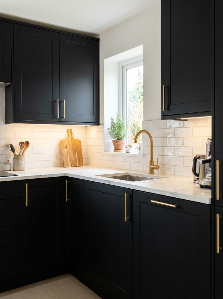 Small black kitchen with brass hardware and bright under cabinet lighting