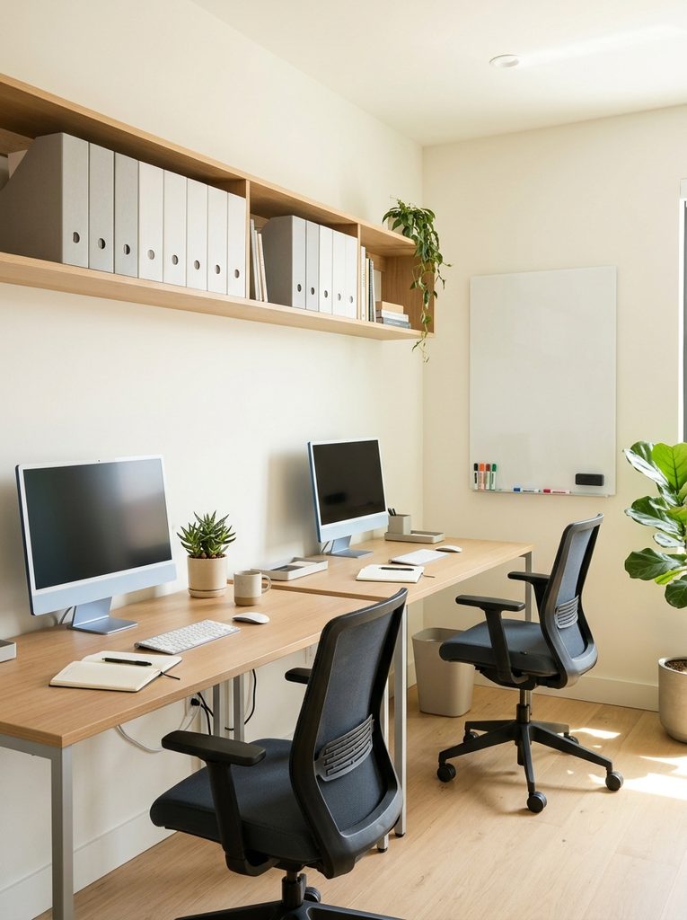 Small business work space with two clean desks and file boxes