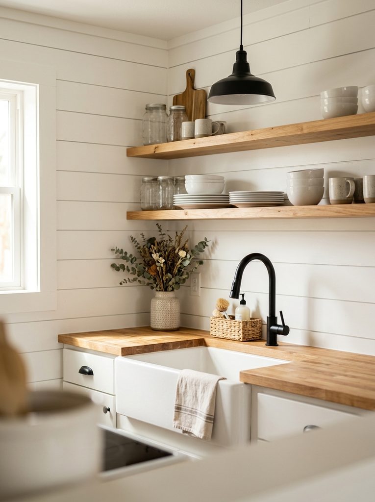 Small farmhouse kitchen with apron sink and white shiplap walls