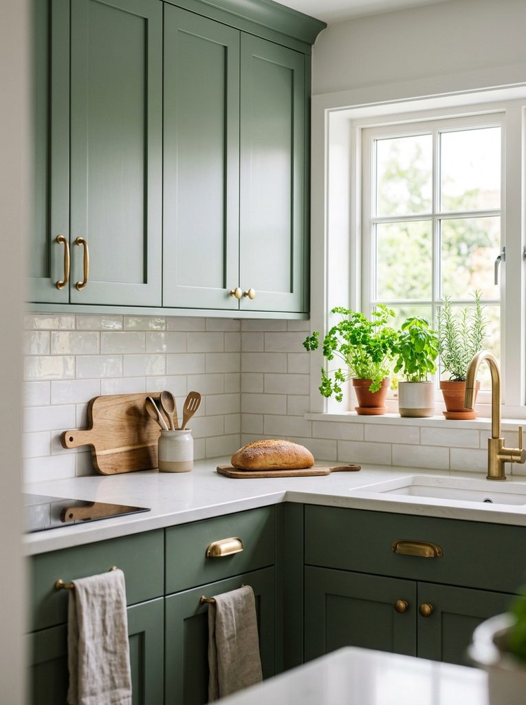 Green small kitchen with sage cabinets and brass pulls