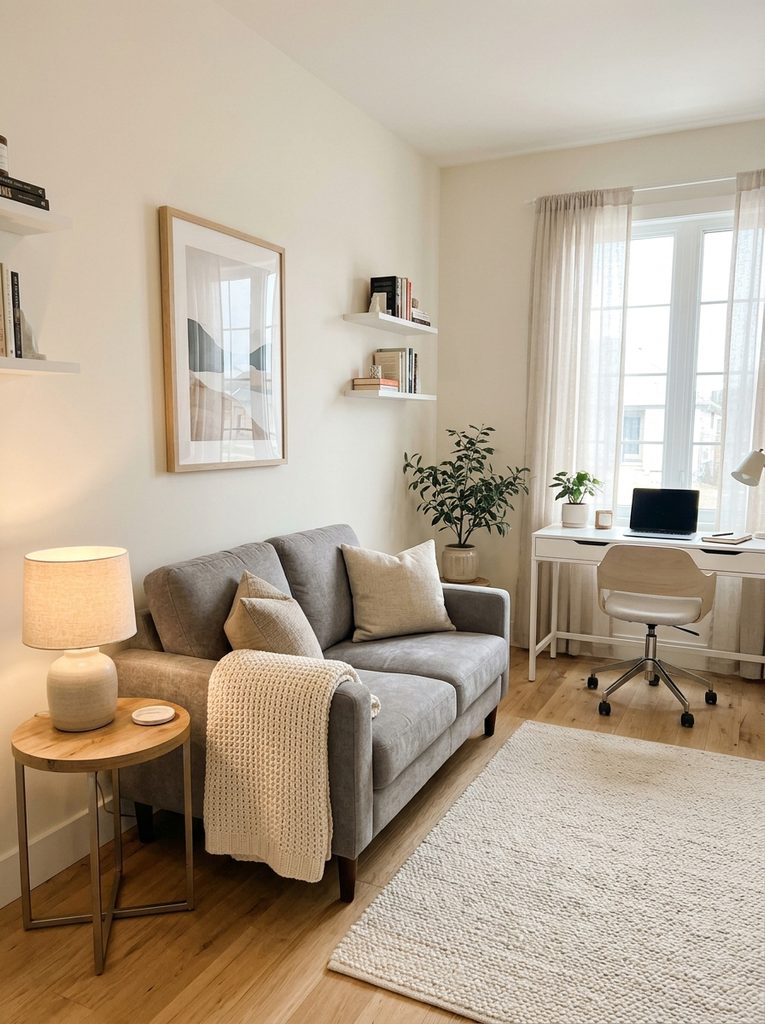 Small office with compact grey loveseat and round side table