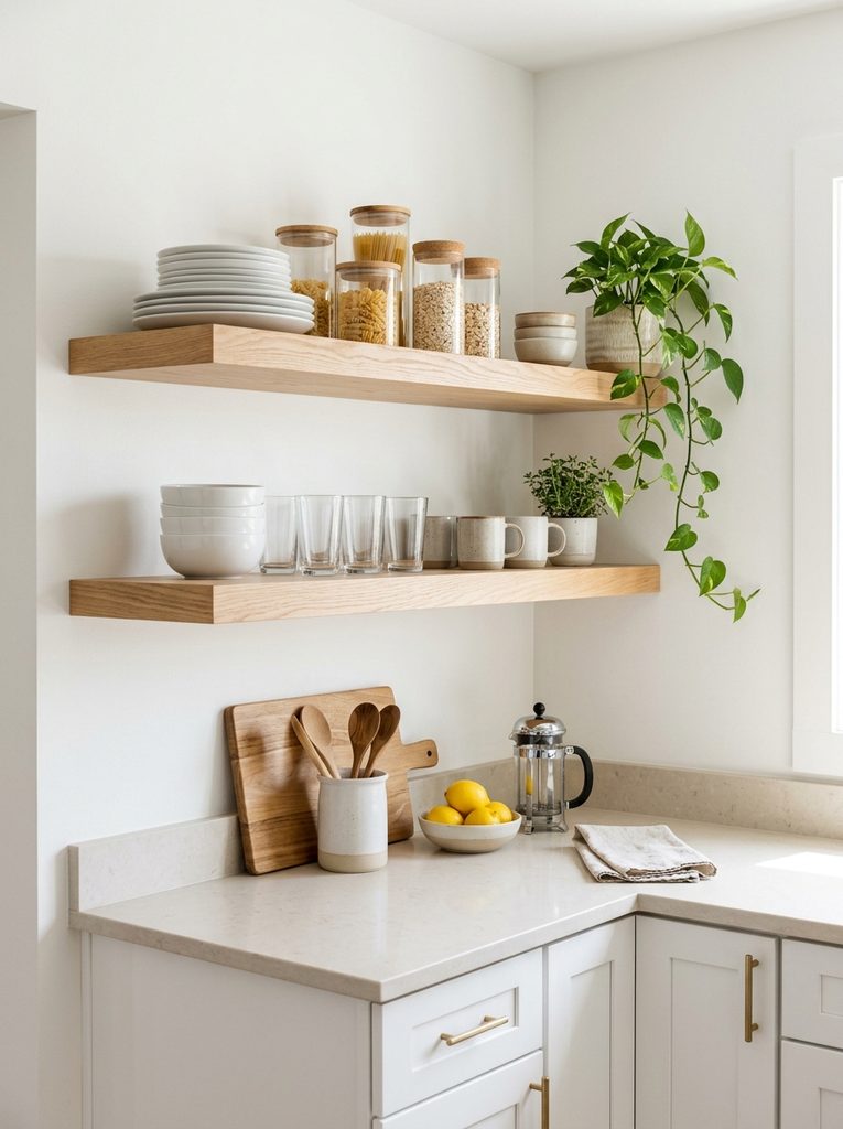 Open shelving in a small kitchen with plates and glass jars