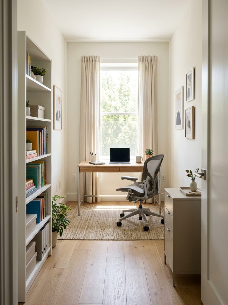 Small office layout with desk facing window and clear walkway