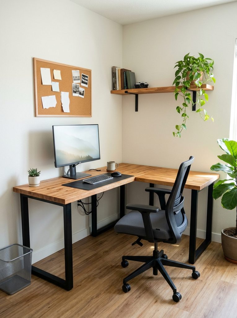 Corner desk small office with wood tops and black metal legs