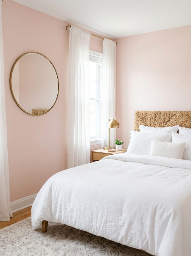 Pink small bedroom with blush walls and rattan headboard