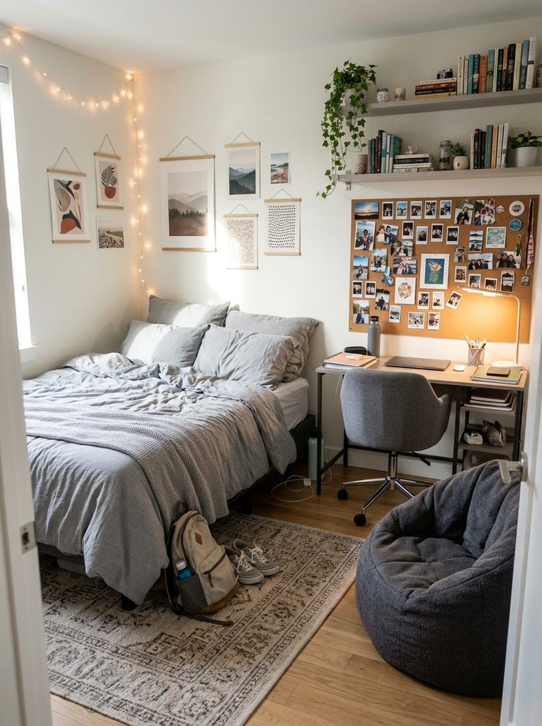  Small teen bedroom with corner desk, pinboard and soft lights