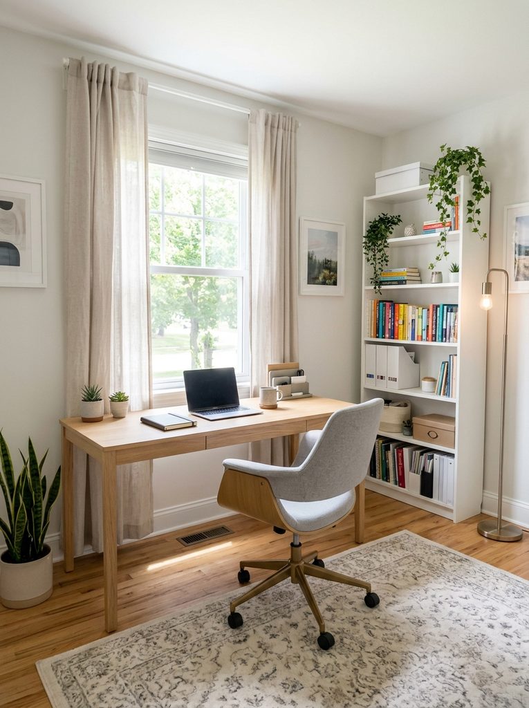 Spare room office with wide desk under window and bookshelf