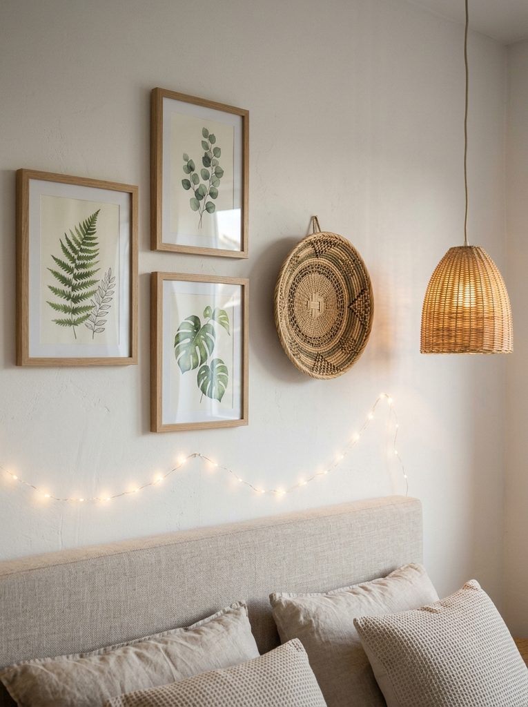Small bedroom wall with warm string lights above the headboard
