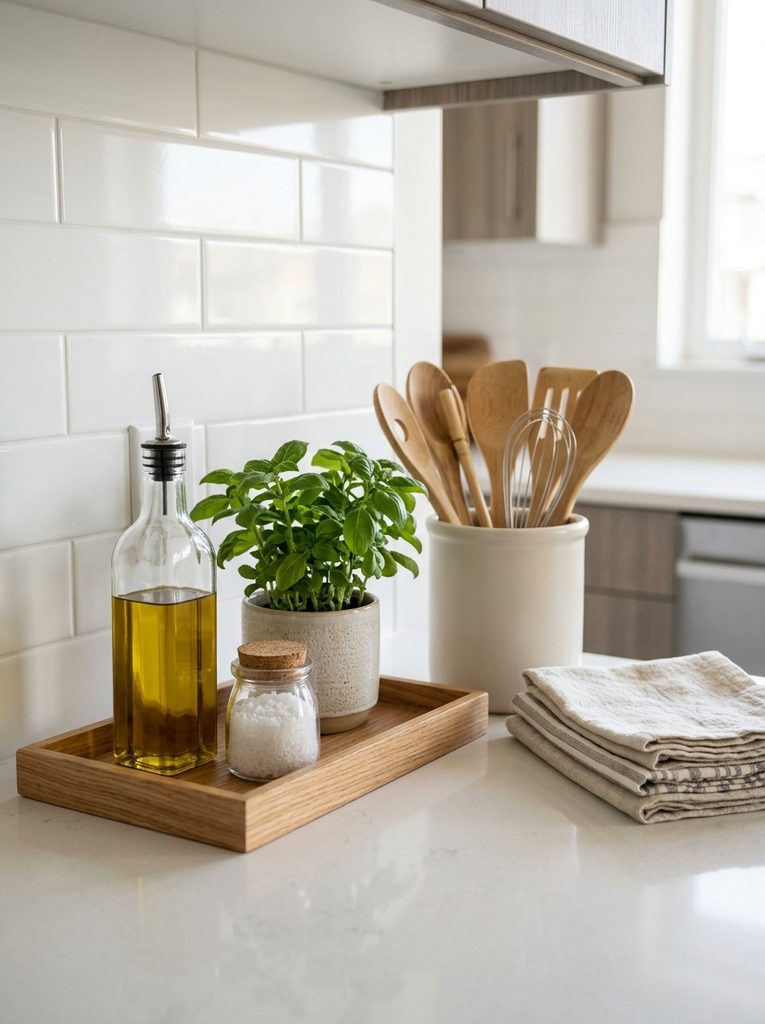 Aesthetic small kitchen countertop with wooden tray and herbs